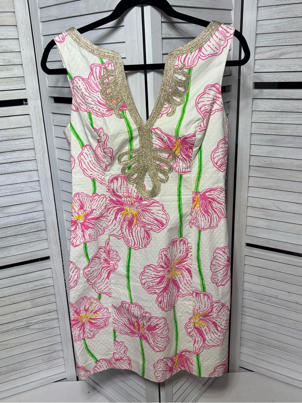 Lilly Pulitzer White Pink Floral Shift Dress Gold Trim Size 6